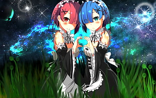 two female animated character digital wallpaper, Rem (Re: Zero), Ram (Re: Zero), anime, blue hair HD wallpaper