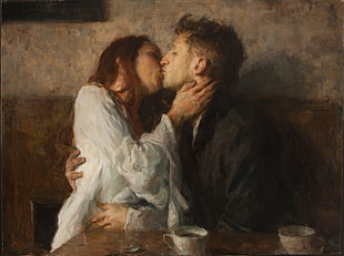 man and woman kissing each other painting HD wallpaper