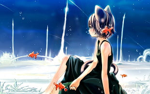 black haired anime girl with black dress illustration HD wallpaper