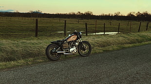 brown cruiser motorcycle, motorcycle, field, road, Bobber HD wallpaper