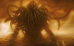 brown monster painting, Cthulhu, creature, artwork, horror HD wallpaper