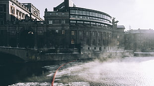 gray concrete high-rise building, river, ice, building, city