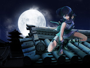 black haired female character on roof HD wallpaper