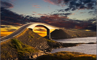 gray concrete bridge, road, sunset, sky, bridge HD wallpaper