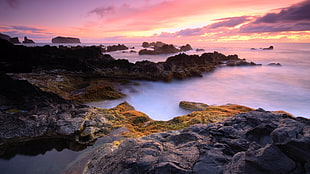 rock formations, sea, coast, clouds, sky