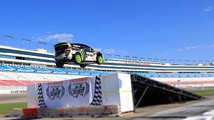 white and green boat with trailer, stunts, Ken Block, Ford Fiesta HD wallpaper