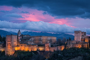 gray concrete buildings, landscape, castle, clouds, hills