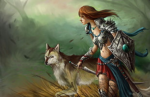 female character holding dagger and shield beside wolf painting HD wallpaper