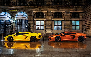 two orange and red sport cars, car, Lamborghini, Lamborghini Aventador, yellow HD wallpaper