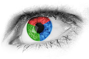 green, blue and red eye poster HD wallpaper
