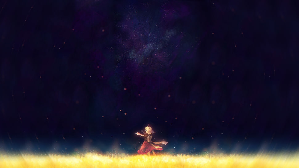 yellow haired anime, grass, stars, dress HD wallpaper