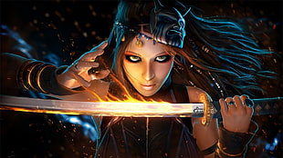 blue haired female warrior with katana HD wallpaper