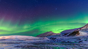 mountain under green sky, landscape, aurora  borealis