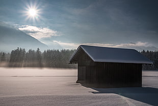 brown wooden shack on snow landscape