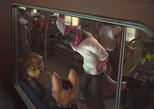 red fox in white shirt and black pants photo, Anthro, subway, headphones, Fury