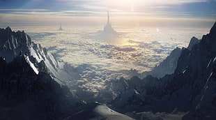gray rocky mountain, clouds, mountains, fantasy city, digital art HD wallpaper