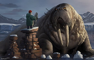 man holding dolphin near huge walrus illustration, fantasy art, walruses, Urf