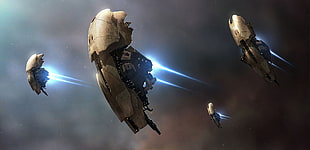 four gray spaceships illustration, fantasy art, Amarr, EVE Online, spaceship