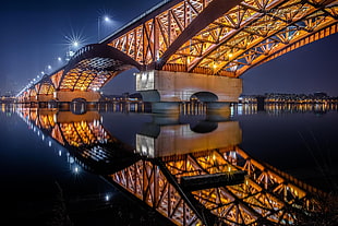 gray metal bridge, Seongsu Bridge, South Korea, lights, reflection HD wallpaper