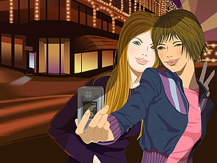 illustration of two women taking selfie HD wallpaper