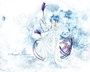 blue haired female angel anime character wearing white dress digital wallpaper HD wallpaper
