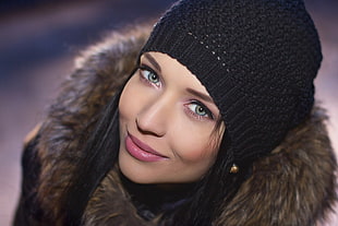 women's black knit cap, Angelina Petrova, face, portrait, smiling HD wallpaper