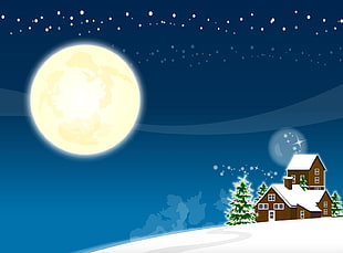 Snow covered 2-storey house under moon wallpaper