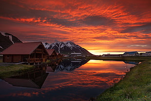 brown wooden house, mountains, lake