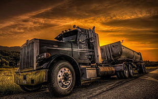 black and brown Jeep Wrangler, HDR, trucks, sunset, Peterbilt