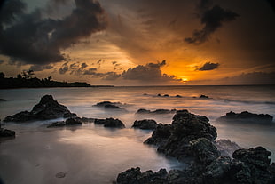 high angle view photo of rocks over body of water during sunset, vieques HD wallpaper