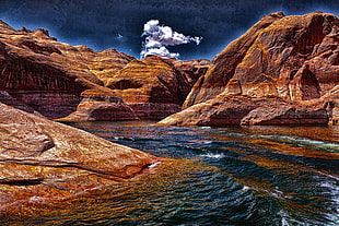 rock cliff with river landscape during daytime