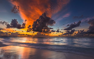 body of water and cloudy sky, nature, sunset, beach, Maldives