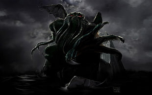monster illustration, horror, Cthulhu, Cthulu, dark HD wallpaper