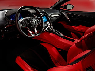 car with red bucket seats and black steering wheel HD wallpaper
