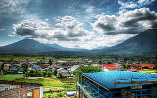 aerial photography of village, cityscape, horizon, mountains, sky