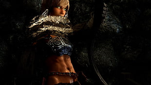 female archer fantasy game wallpaper, The Elder Scrolls V: Skyrim, body oil, Source Filmmaker, green eyes HD wallpaper