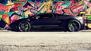 black Lamborghini supercar, car, Lamborghini, black cars, graffiti HD wallpaper