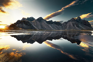 mountain covered with snow, mountains, clouds, lake, reflection