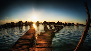two wooden docks, nature, landscape, lake, sunset HD wallpaper