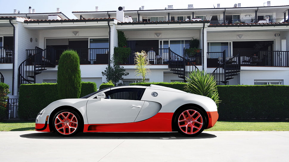 white and red coupe near white concrete storey building HD wallpaper