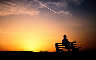 silhouette photography of man on bench, bench, sky, sunlight HD wallpaper
