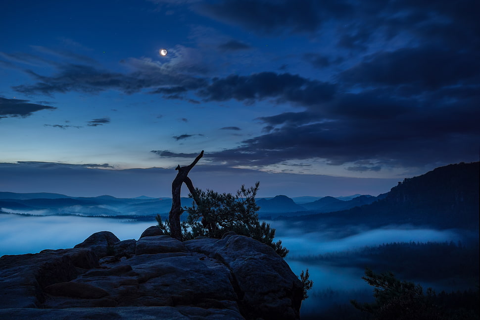 photography of a grass in rock formation with blue sky and moon background HD wallpaper