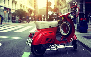 red motor scooter on black asphalt road, motorcycle HD wallpaper