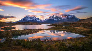 body of water surrounded by grass, nature, landscape, mountains, snow