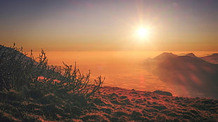 mountain peak under golden hour, photography, landscape, sunset, lens flare HD wallpaper