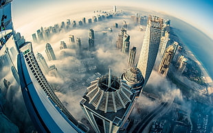 fisheye photo of gray high rise buildings at daytime HD wallpaper