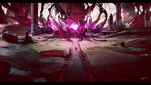 fantasy art, purple, forest, ruins HD wallpaper