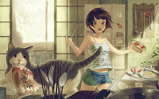 black hair anime girl making lunch illustration