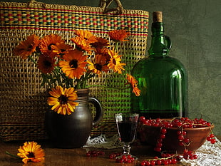 green translucent glass bottle beside brown ceramic vase HD wallpaper