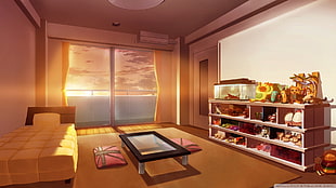 rectangular black based glass-top coffee table, anime, city, Japan, room HD wallpaper